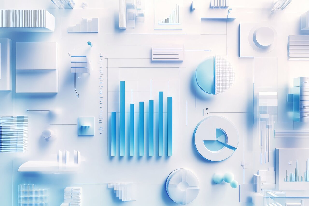 Financial charts and graphs including bar charts and pie charts in a modern 3D style